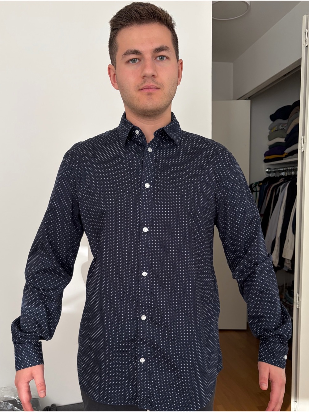 H&M Navy Microdot Long-Sleeve Button-Down Shirt